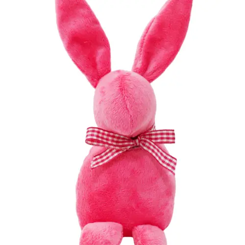 Decoración diseño conejo de tela rosa liso con moño rojo con puntos de 4.5×6.5x21cm
