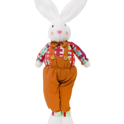 Decoración diseño conejo de pie  con overol naranja de 8x17x69cm