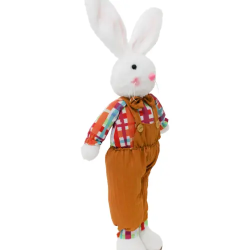 Decoración diseño conejo de pie  con overol naranja de 8x17x69cm
