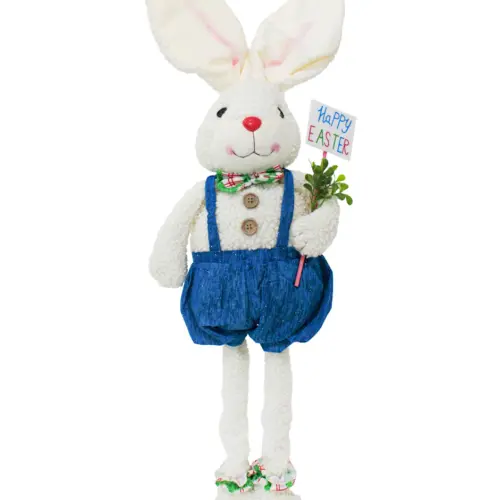 Conejo de tela con pantalon de tirantes azul de 14x26x71-94cm