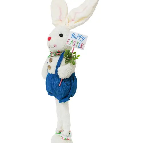 Conejo de tela con pantalon de tirantes azul de 14x26x71-94cm