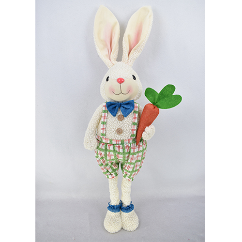 Conejo de tela con pantalon a cuadros de tirantes con zanahoria de 14x26x71-94cm