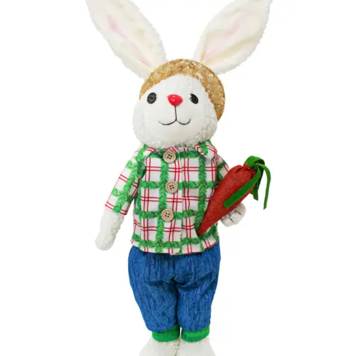 Conejo de tela con pantalón azul y camisa verde a cuadros con zanahoria de 10x24x66cm