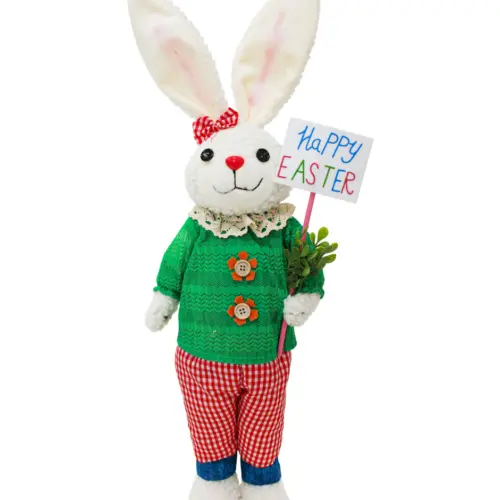 Conejo de tela con pantalón rosa y camisa verde con letrero de 10x24x66cm