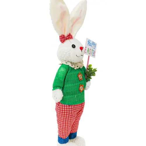 Conejo de tela con pantalón rosa y camisa verde con letrero de 10x24x66cm