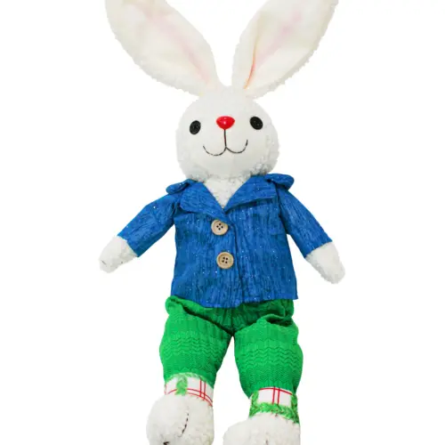 Conejo de tela con patalón verde saco azul y patas colgantes de 10x20x63cm