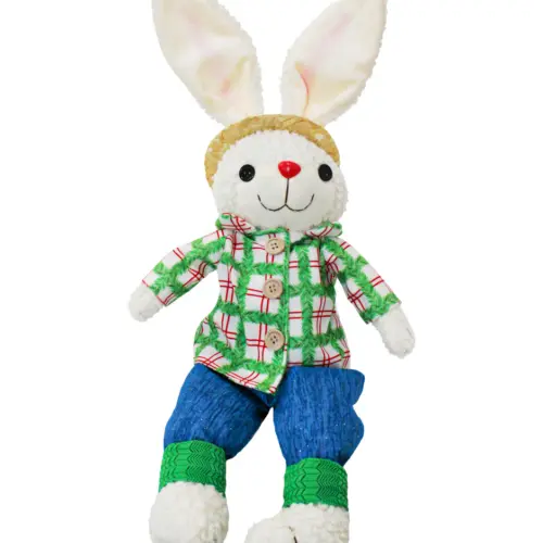 Conejo de tela con pantalón azul camisa verde a cuadros y pies colgantes de 10x20x63cm