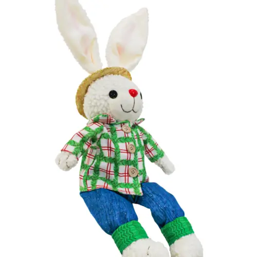 Conejo de tela con pantalón azul camisa verde a cuadros y pies colgantes de 10x20x63cm