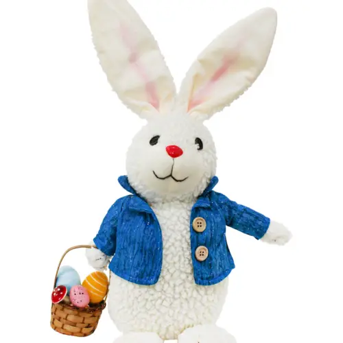 Conejo de tela con saco azul y canasta con huevos de pascua de 14x17x47cm