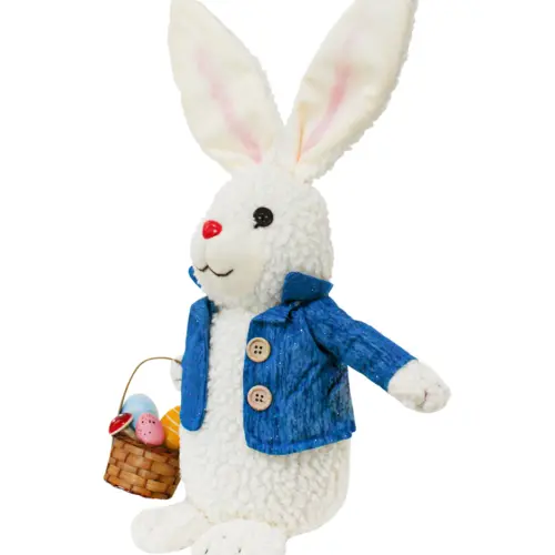 Conejo de tela con saco azul y canasta con huevos de pascua de 14x17x47cm