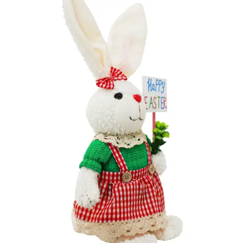 Coneja de tela con vestido rojo a cuadros con letrero de 14x17x47cm