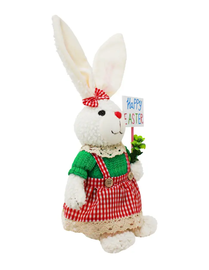 Coneja de tela con vestido rojo a cuadros con letrero de 14x17x47cm - Image 2