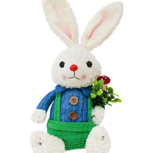 Conejo de tela sentado con short verde y camisa azul de 9x19x32cm