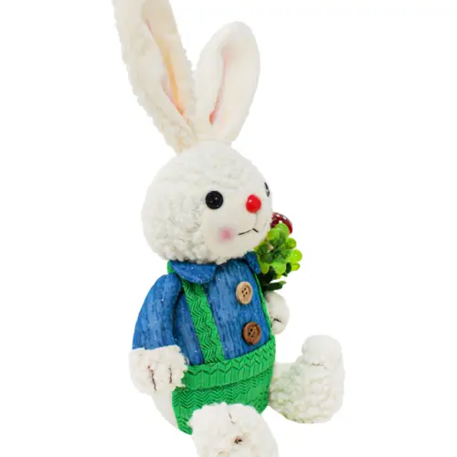 Conejo de tela sentado con short verde y camisa azul de 9x19x32cm