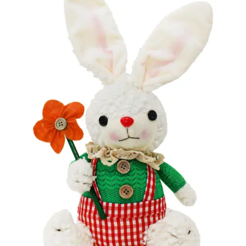 Conejo de tela sentado con short naranja y camisa verde de 9x19x32cm