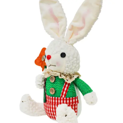 Conejo de tela sentado con short naranja y camisa verde de 9x19x32cm