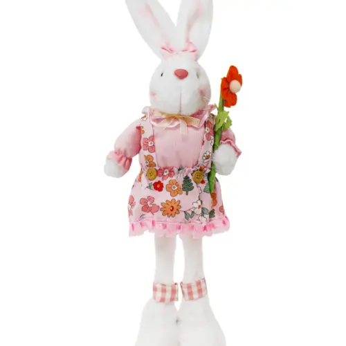 Coneja de tela con vestido rosa y flor en mano de 6x17x53cm
