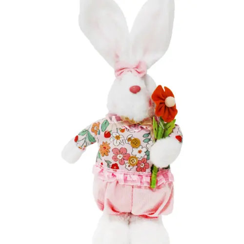 Conejo de tela con traje rosa con flor naranja de 7x18x46cm