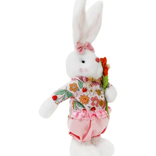 Conejo de tela con traje rosa con flor naranja de 7x18x46cm