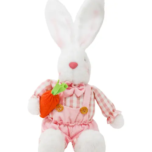 Conejo de tela sentado con traje rosa zanahoria y patas colgantes de 6x17x41cm