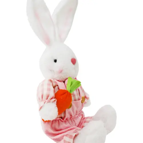 Conejo de tela sentado con traje rosa zanahoria y patas colgantes de 6x17x41cm