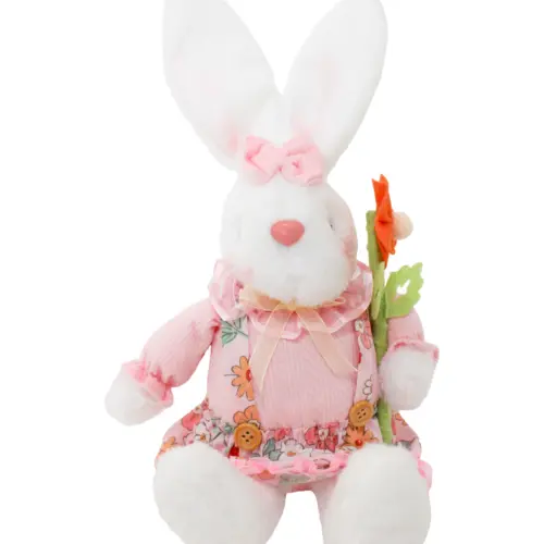 Coneja de tela sentada con vestido rosa flor en mano y patas colgantes de 6x17x41cm