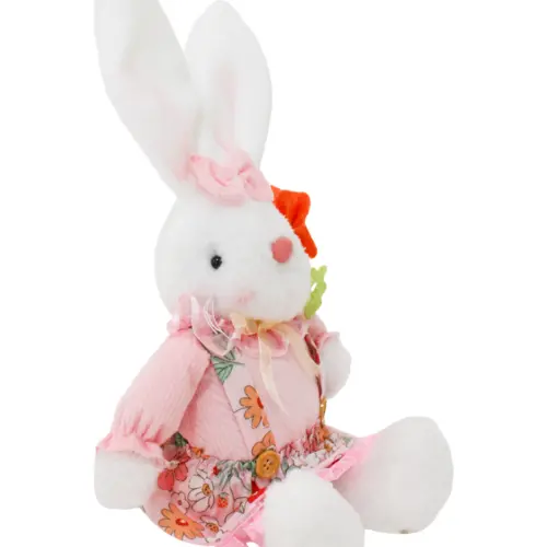 Coneja de tela sentada con vestido rosa flor en mano y patas colgantes de 6x17x41cm