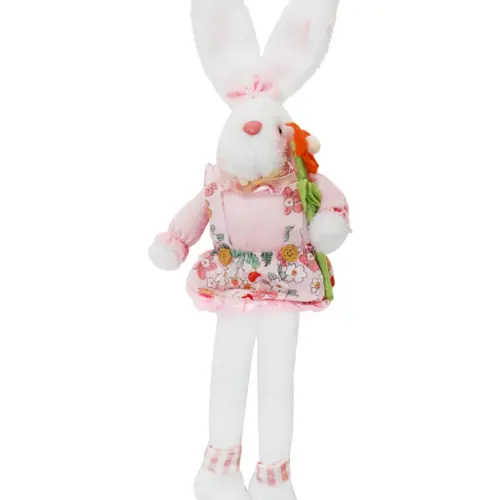 Coneja de tela sentada con vestido flor naranja en mano y patas colgantes de 6x17x56cm