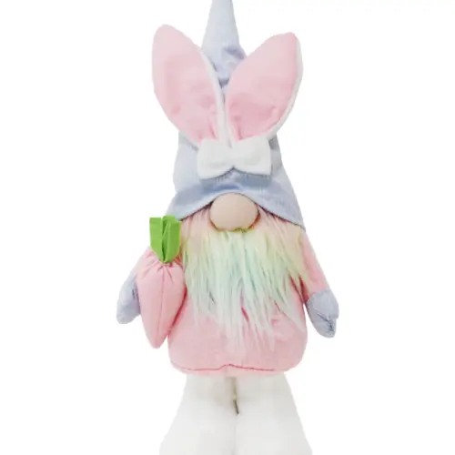 Gnomo de tela rosa con sombrero azul y orejas de conejo de 6x17x38cm