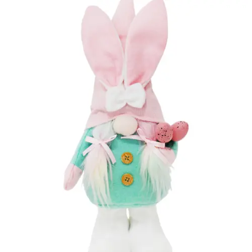 Gnomo de tela con traje verde y sombrero rosa con orejas de conejo de 6x17x38cm