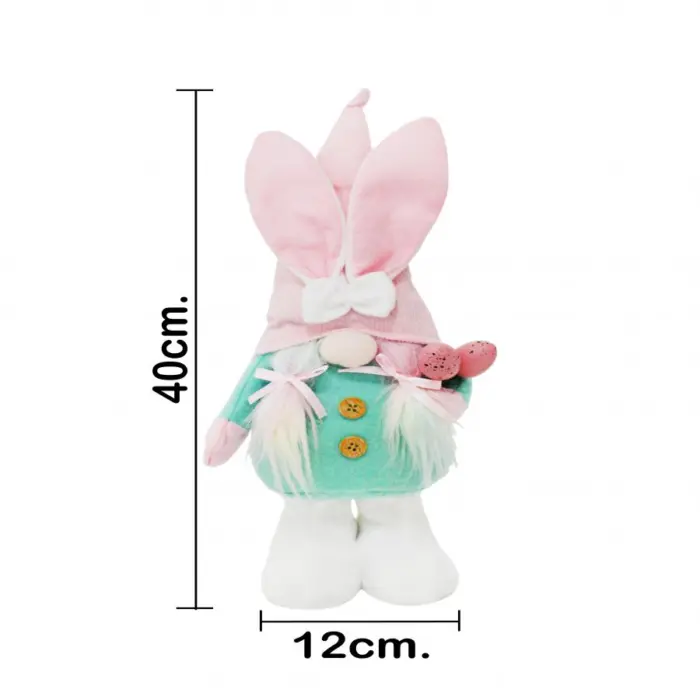 Gnomo de tela con traje verde y sombrero rosa con orejas de conejo de 6x17x38cm - Image 4