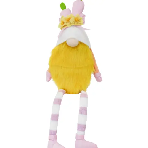 Gnomo de tela sentado con barba amarilla  sombrero de zanahorias con patas colgantes de 10x19x64cm