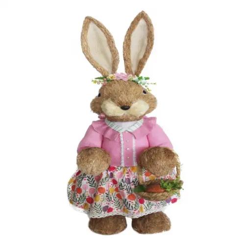 Coneja de fibras naturales con vestido rosa y canasta de 31x34x100cm