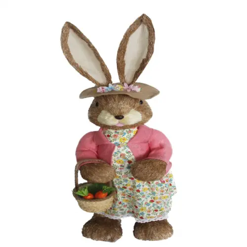 Coneja de fibras naturales con saco rosa y vestido de 31x34x110cm