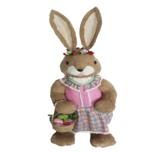 Coneja de fibras naturales con vestido rosa y canasta de 32x33x110cm