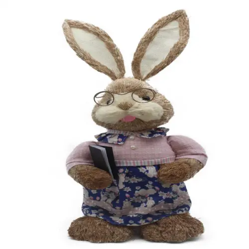 Coneja de fibras naturales con vestido azul con rosa y libro de 25x24x62cm