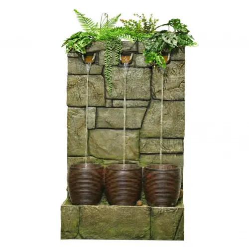 Fuente de piedra con cascada con 3 baldes cafes de 73.5x40x150cm