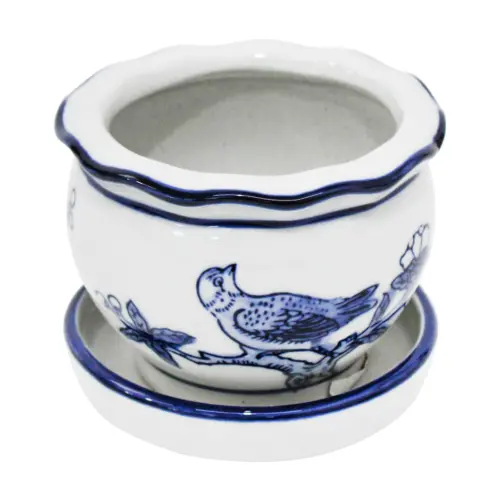 Maceta de porcelana redonda blanca con estampado de aves de 11x9cm