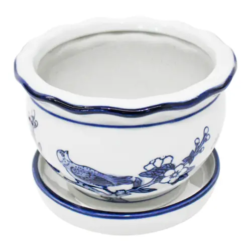 Maceta de porcelana redonda blanca con estampado de aves de 15x10cm