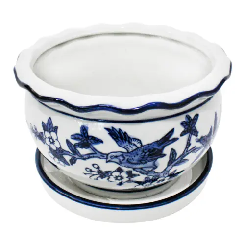 Maceta de porcelana redonda blanca con estampado de aves de 13x20cm