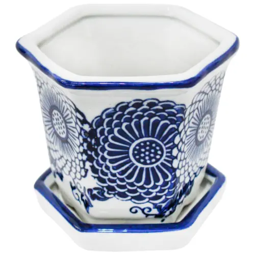 Maceta de porcelana hexagonal blanca con estampado de flores de 12x9cm