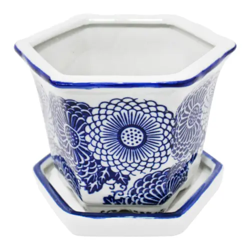 Maceta de porcelana hexagonal blanca con estampado de flores de 14x10cm