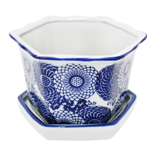 Maceta de porcelana hexagonal blanca con estampado de flores de 20x12cm
