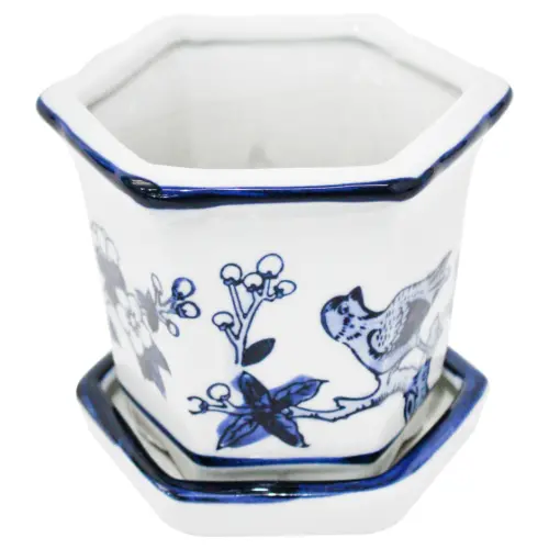 Maceta de porcelana hexagonal blanca con estampado de aves de 12x9cm