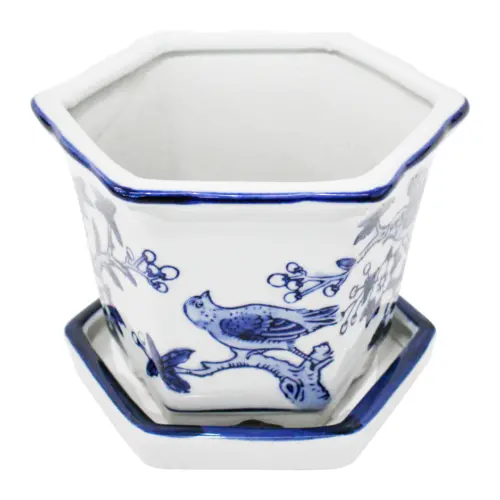 Maceta de porcelana hexagonal blanca con estampado de aves de 14x10cm