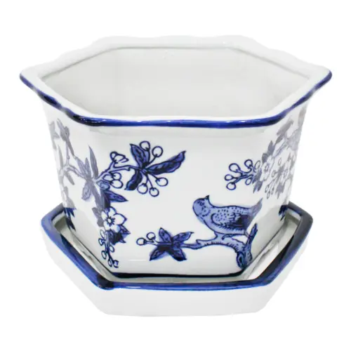 Maceta de porcelana hexagonal blanca con estampado de aves de 20x12cm
