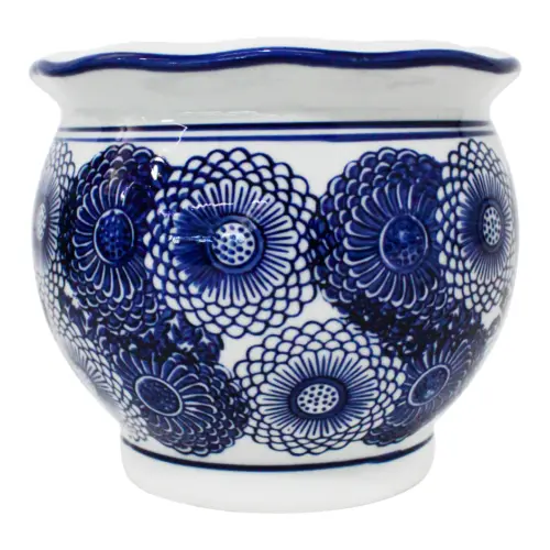 Maceta de porcelana redonda blanca con estampado de flores de 10x16cm