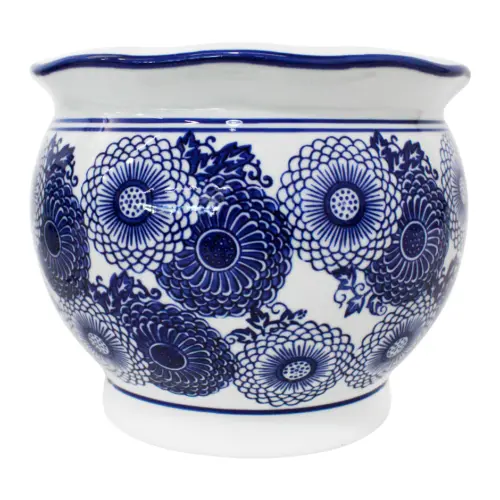 Maceta de porcelana redonda blanca con estampado de flores de 24x19cm