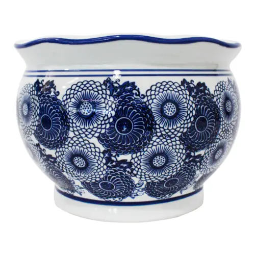 Maceta de porcelana redonda blanca con estampado de flores de 30x21cm