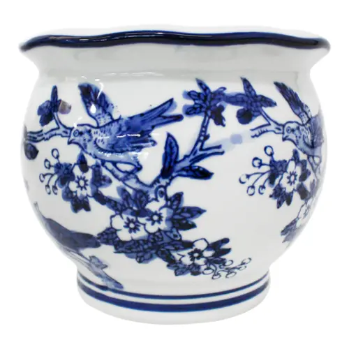 Maceta de porcelana redonda blanca con estampado de aves de 19x16cm